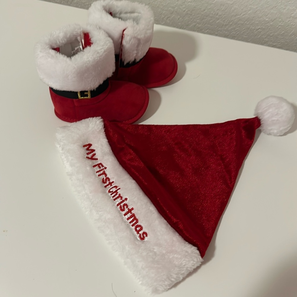 NWOT Little Me “My First Christmas” Santa Hat 6-12 mo and Boots size 3
